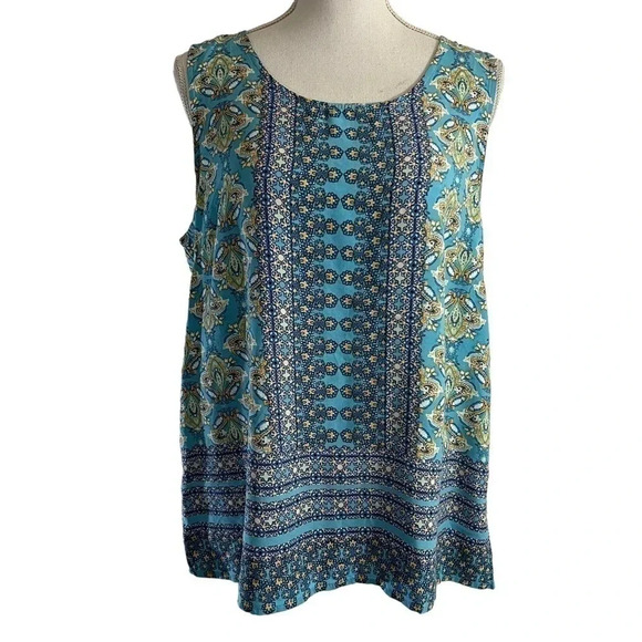 Soiree Floral Blouse Large Blue Yellow Sleeveless Tank Top Backside Button Up - Picture 1 of 5